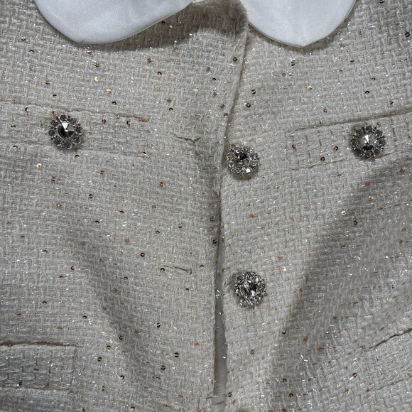 MABLE White Tweed Skirt Suit Set Pearl Button Satin Collar – Size S - Picture 5 of 13